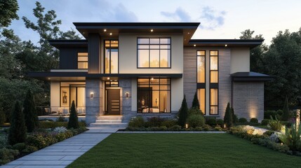 Fototapeta premium Contemporary home exterior with clean lines, lawn, and evening lights generative ai