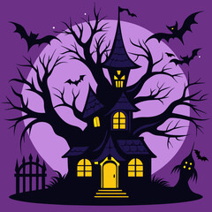 Halloween Background. Spooky haunted tree with twisted, bare branches and a small gothic-style house with pointed roofs in the background. Happy Halloween Boho Abstract, Bohemian Mystical Magic.