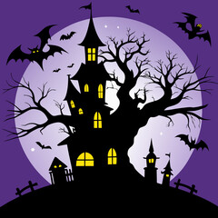 Halloween Background. Spooky haunted tree with twisted, bare branches and a small gothic-style house with pointed roofs in the background. Happy Halloween Boho Abstract, Bohemian Mystical Magic.