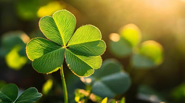 Close up of four leaf clover with sunlight, symbol of luck. Nature and serenity concept