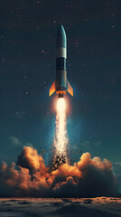 A powerful rocket launching at night, creating a bright trail of exhaust and smoke, epitomizes the spirit of exploration and ambition in aerospace and technology sectors