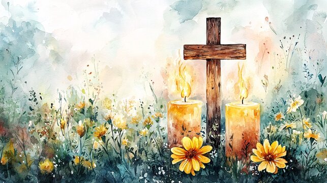 Serene watercolor scene with candles, cross and yellow flowers in a peaceful setting Watercolor illustration for All Saints Day, All Souls Day, memorial and funeral backgrounds.