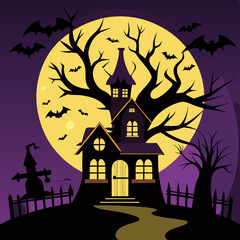 Halloween Background. Spooky haunted tree with twisted, bare branches and a small gothic-style house with pointed roofs in the background. Happy Halloween Boho Abstract, Bohemian Mystical Magic.