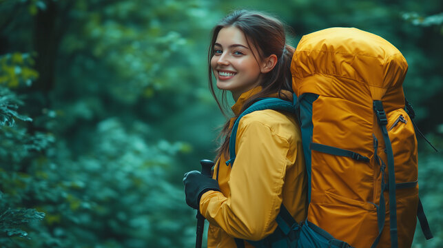 a young woman backpacker outfit trakking yellow exploring in the forest, reflecting adventure and sustainable tourism in nature
