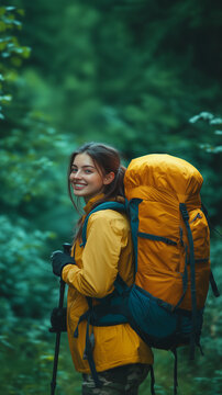 a young woman backpacker outfit trakking yellow exploring in the forest, reflecting adventure and sustainable tourism in nature