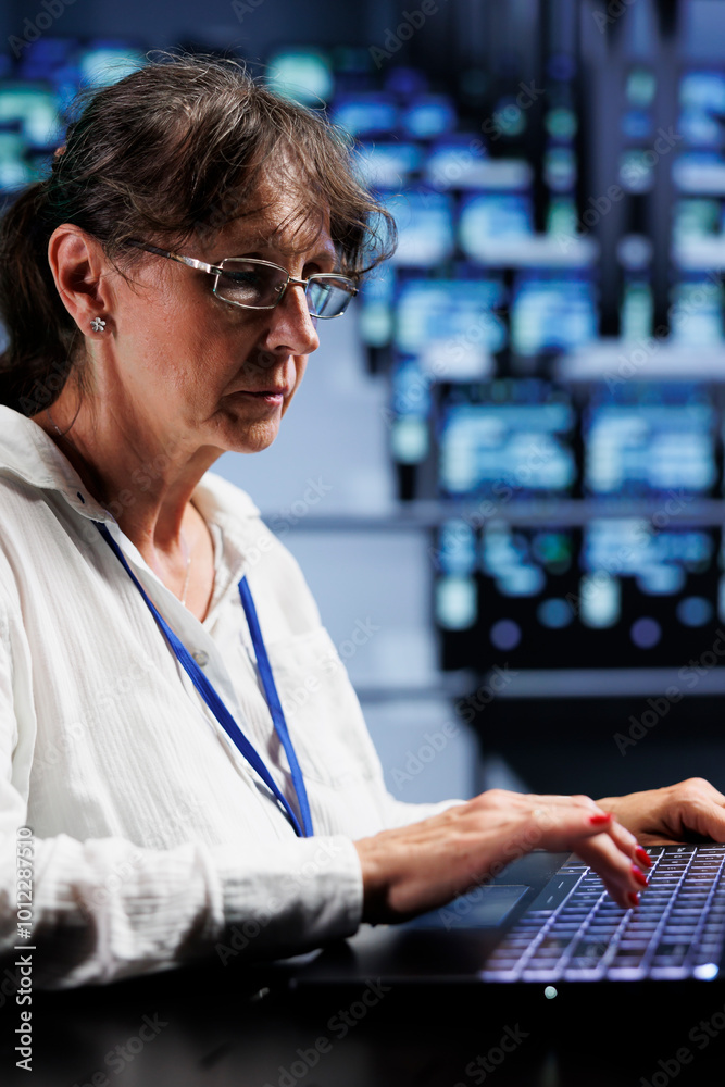 Poster overseeing supervisor preparing server rows contingency plan, monitoring data center energy consumpt