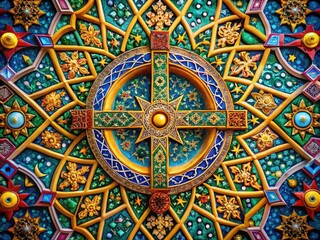Intricate Religious Symbolism Featuring Cross, Star, Crescent Moon, and Sacred Geometry Patterns