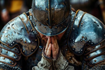 A knight in full armor is kneeling down and praying, generative ai image