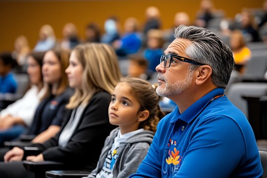 A group of people listening intently to a speaker in an auditorium, representing humanismâ€™s commitment to open dialogue, critical thinking, and shared learning