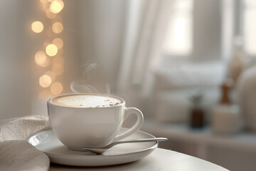 Fototapeta premium Photography of steaming cup of coffee with a spoon and latte art design in a modern coffee shop with warm lights.