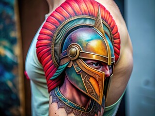 Intricate Tattoo Design of a Spartan Helmet with Detailed Elements and Bold Lines on Skin Canvas