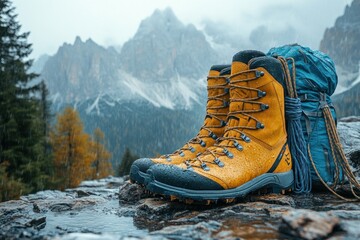 A pair of yellow hiking boots and a blue backpack sit on a rocky outcropping overlooking a misty mountain range.