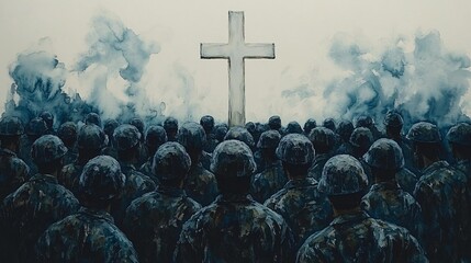 Soldiers united: A powerful gathering under a luminous cross amidst smoke and shadows. Watercolor Christian painting. All Saints Day All Souls Day holiday banner, background, wallpaper
