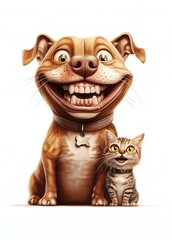 Naklejka premium Joyful Companions: A playful scene of a dog and cat laughing together