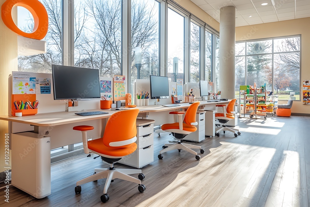 Wall mural Modern office interior design with large windows, white desks, orange chairs and a bright and open workspace