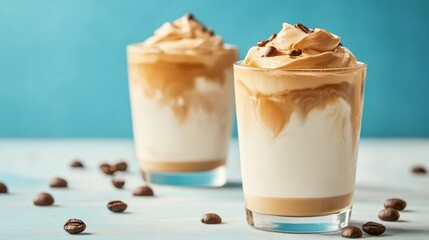 Dalgona Coffee. Smooth and creamy iced whipped drink with coffee and milk foam generative ai