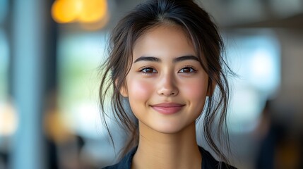 Young woman with a warm smile and beautiful brown eyes looking directly at the camera.