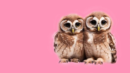 Fototapeta premium Cute pair of baby owls sitting together on a bright pink background