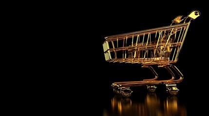 Golden shopping cart on black background, concept of luxury, wealth, expensive shopping, expensive products