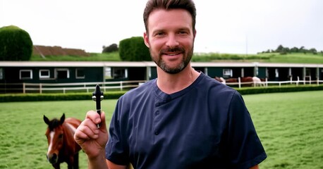 Man veterinary checking horse health in stable