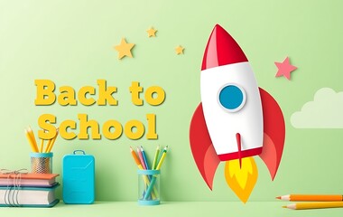 Back to school theme with a rocket with school supplies