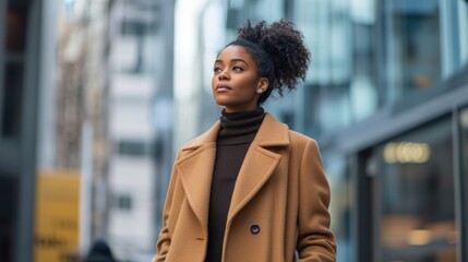 Fototapeta premium Stylish woman walking in thrifted coat in urban setting - fashion and sustainability concept