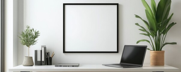 Minimalist Workspace with Laptop, Plants, and Blank Frame on White Desk in Bright Modern Office Setting