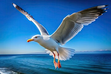 Obraz premium Isolated Seagull in Flight Against a Clear Blue Sky, Capturing the Essence of Coastal Wildlife