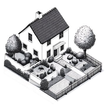 recommend clip art: Black and white illustration of a house with a garden and a fence