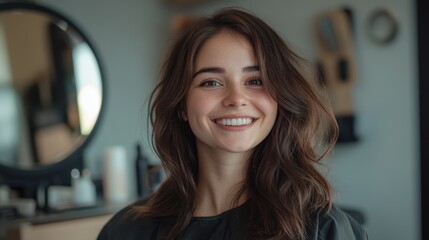 Young woman radiating confidence and joy in stylish salon setting