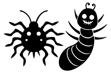Halloween sticker with spider and worm for children holiday. Creepy larvae of maggot. Horror insect for spiderweb design. Spooky web tarantula for dark halloween party