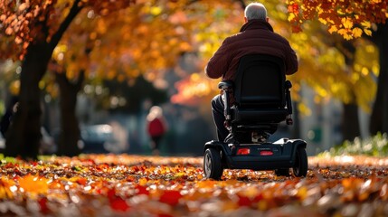 Autumn stroll: elderly man navigating park on advanced mobility scooter