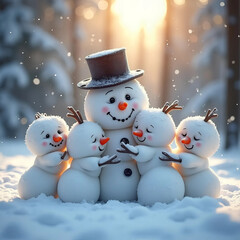 Obraz premium family of snowmen hugging against the backdrop of a winter snowy forest - generative ai