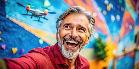 Joyful adult smiling brightly against a vibrant background, expressing happiness and positivity in life