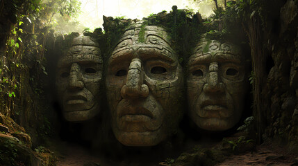 Giant stone faces in a secret passage of a tropical jungle. fantasy art. Incan Empire. Illustration