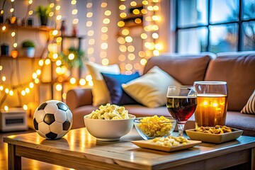 Fototapeta premium Joyful Atmosphere of Football Watching at Home with Snacks and Drinks on a Cozy Couch Setting