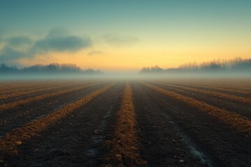 An empty, freshly plowed field under a soft, pastel-colored sky. Generative AI