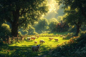 A landscape with cows, sheep, and deer roaming freely on a farm. Generative AI