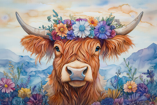 Highland-Kuh mit Blumenkrone in bergiger Landschaft &ndash; Fr&ouml;hliche Aquarellkunst f&uuml;r das Kinderzimmer