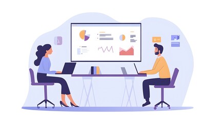 Two People Working on Laptops in Front of a Large Presentation Screen