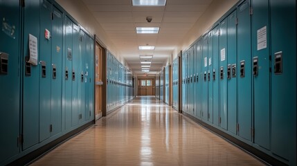 Quiet school corridor with blue lockers in afternoon light - ideal for educational themes
