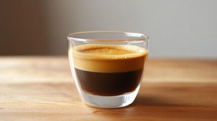 Espresso shot with a layer of crema, in a small transparent cup, minimalist coffee setup generative ai