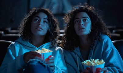 Fototapeta premium Two young girls watch movie in the cinema and eating popcorn, focused and serious, illuminated by screen soft light