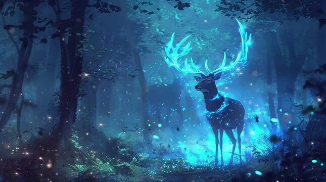 Enigmatic deer with glowing horns standing in a fantasy forest bathed in soft moonlight at night
Seamless looping 4k time-lapse virtual video animation Generated AI