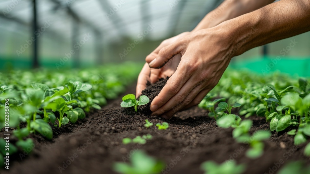 Poster Hands Planting a Seedling in a Greenhouse