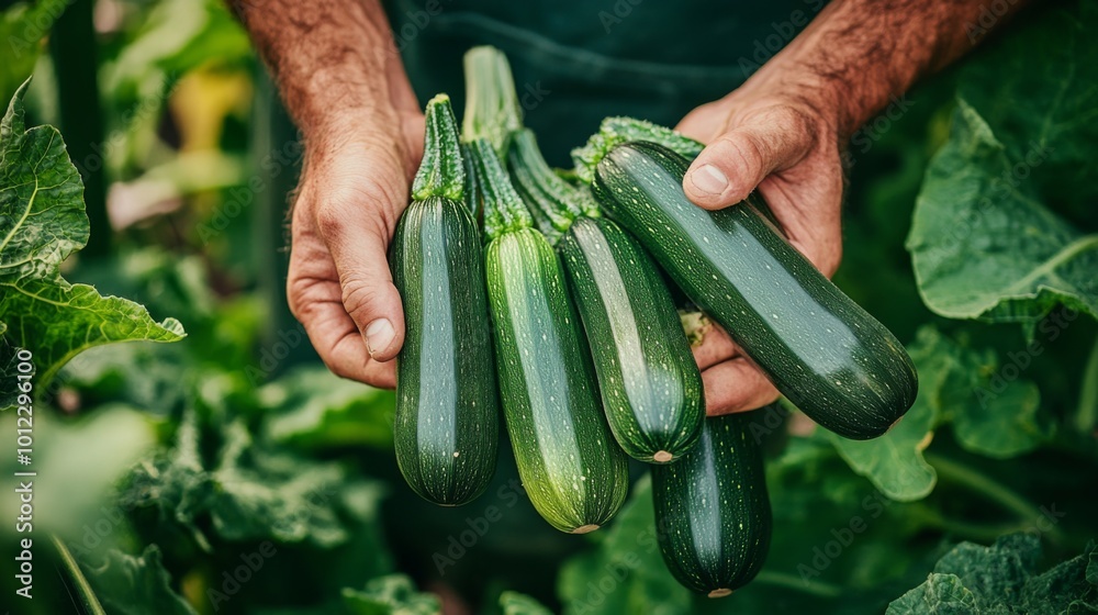 Poster Hands holding fresh green zucchini in a garden