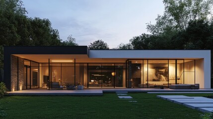 Fototapeta premium Exterior of a modern minimalist house with large windows and green lawn, night scene generative ai