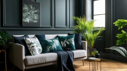 Obraz premium Chic modern living room with bold tropical decor and elegant greenery
