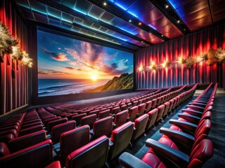 Naklejka premium Large cinema screen displaying vibrant movie visuals in a darkened theater environment for entertainment