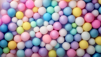 Obraz premium Many bright random pastel colored soft balls background. Colorful balls background for kids zone or children's playroom. Top view of huge pile of colorful balls in different sizes. Vector illustration